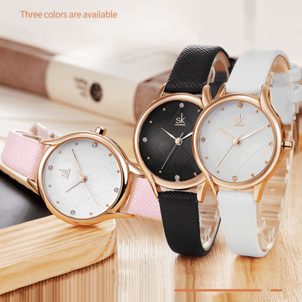 Relógio Shengke Feminino Redondo De Couro Sk - 10