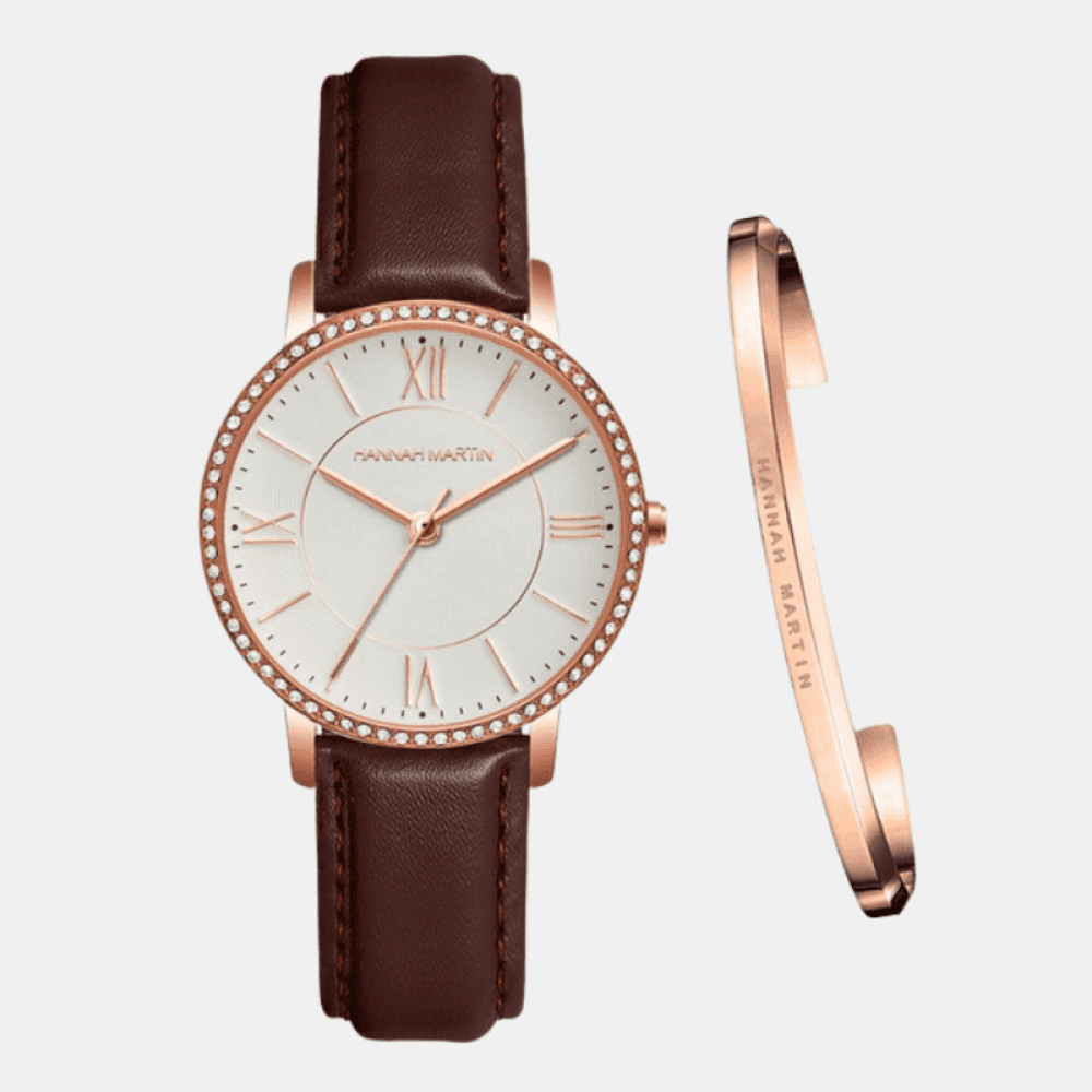 Relógio Hannah Martin Feminino Com Bracelete Couro Marrom Relo+ Brac -Hm - 03