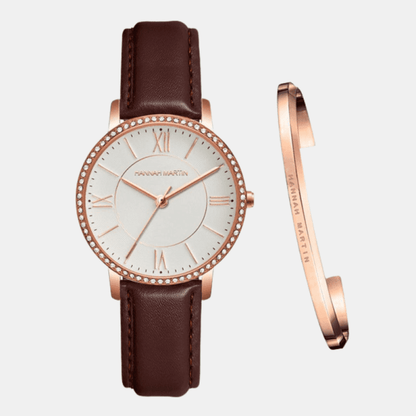 Relógio Hannah Martin Feminino Com Bracelete Couro Marrom Relo+ Brac -Hm - 03