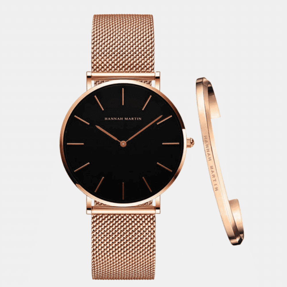 Relógio Hannah Martin Feminino Lux Com Bracelete Dourado & Preto Hm - 01