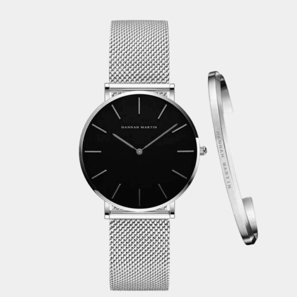 Relógio Hannah Martin Feminino Lux Com Bracelete Prata & Preto Hm - 01
