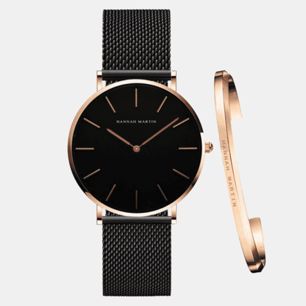 Relógio Hannah Martin Feminino Lux Com Bracelete Preto & Dourado Hm - 01