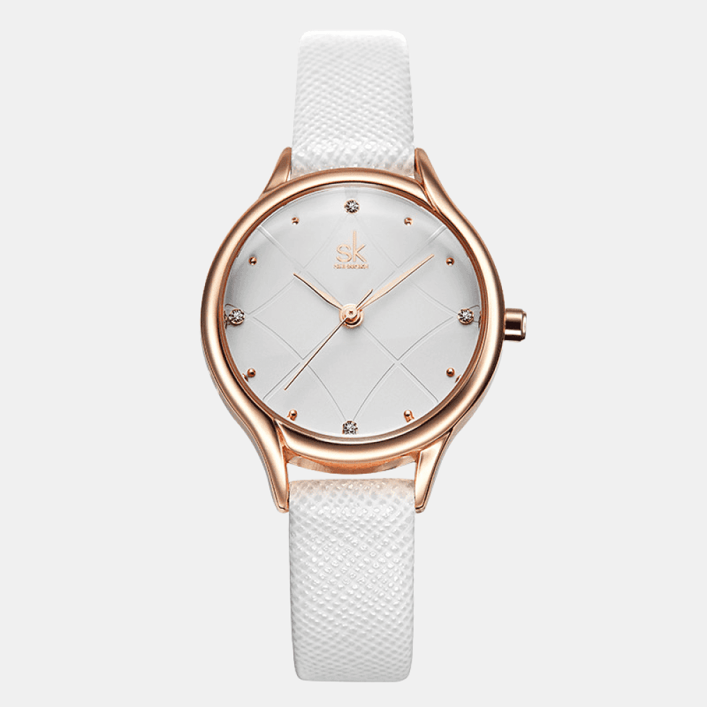 Relógio Shengke Feminino Redondo De Couro Branco Sk - 10