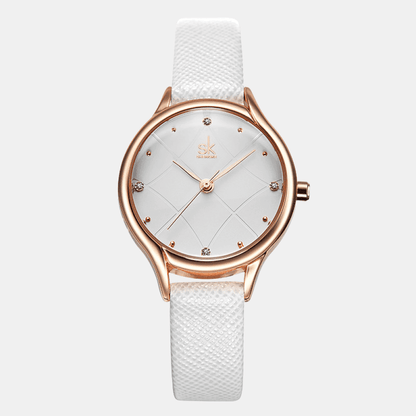 Relógio Shengke Feminino Redondo De Couro Branco Sk - 10