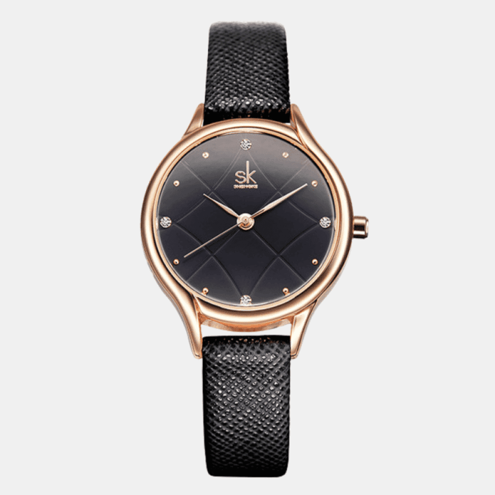 Relógio Shengke Feminino Redondo De Couro Preto Sk - 10