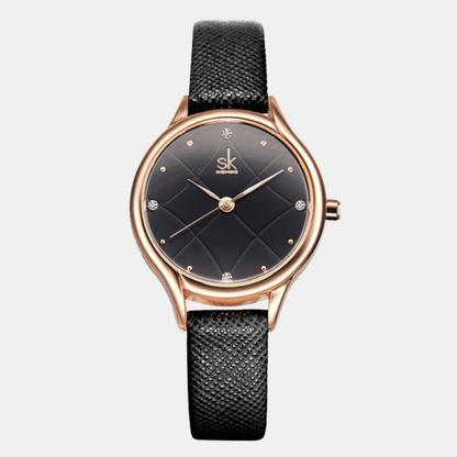 Relógio Shengke Feminino Redondo De Couro Preto Sk - 10