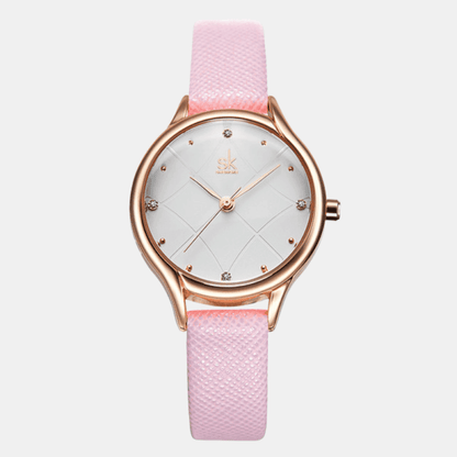 Relógio Shengke Feminino Redondo De Couro Rosa Sk - 10