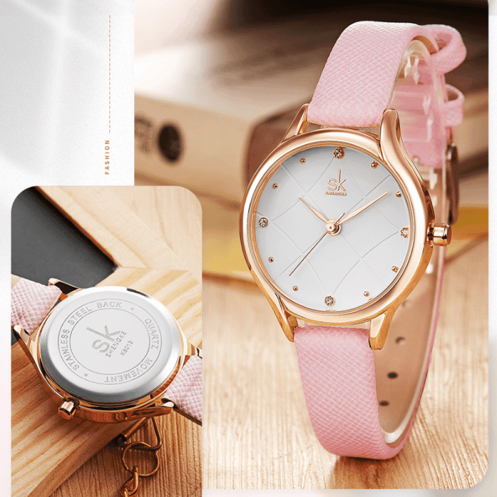 Relógio Shengke Feminino Redondo De Couro Sk - 10