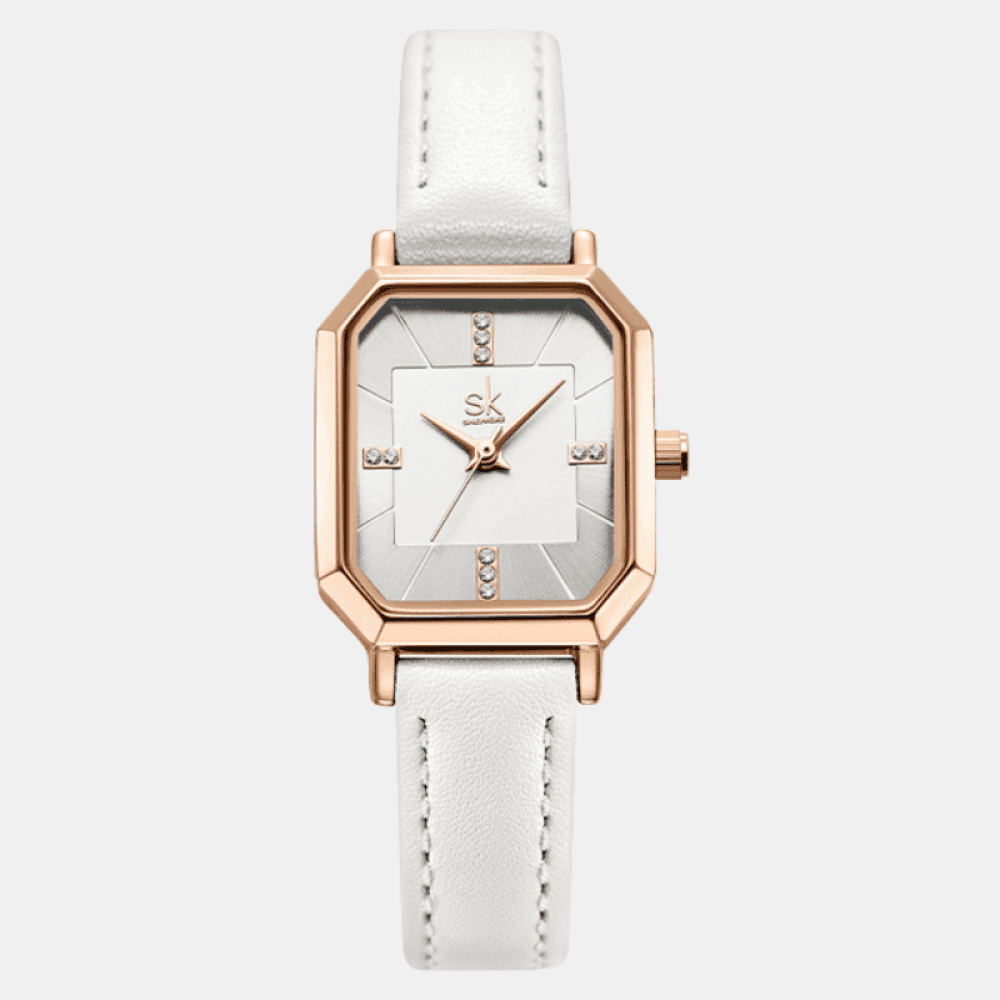 Relógio Shengke Feminino Retângulo De Couro Branco Sk - 09