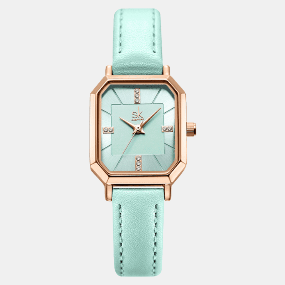 Relógio Shengke Feminino Retângulo De Couro Verde Sk - 09
